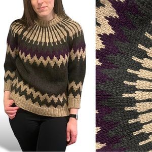 Chunky Knit 80s Vintage Boho Western Sweater Tan Purple Green The Lodge Hippie